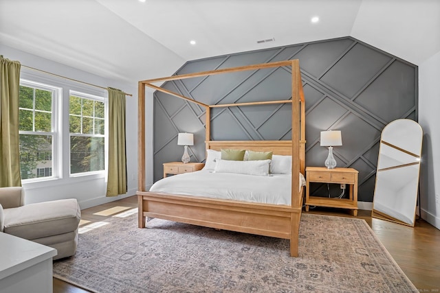 37 Highgate Rd, Trumbull, CT 06611 - bedroom with lofted ceiling, baseboards, wood finished floors, recessed lighting, and a decorative wall