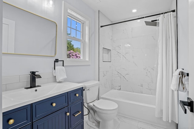 37 Highgate Rd, Trumbull, CT 06611 - full bath with marble look tiles, vanity, toilet, shower / bath combo with shower curtain, and recessed lighting