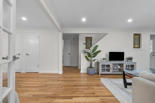 182 5th St, Stamford, CT 06905 - living area with ornamental molding, light wood-type flooring, baseboards, and recessed lighting