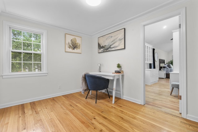 182 5th St, Stamford, CT 06905 - office area featuring light wood-style flooring, ornamental molding, and baseboards