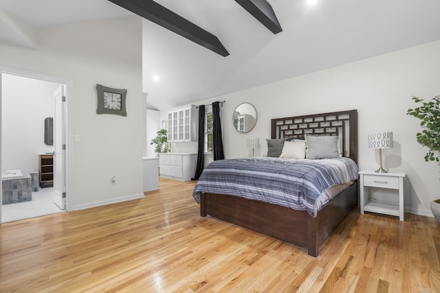 182 5th St, Stamford, CT 06905 - bedroom featuring beam ceiling, baseboards, light wood-style flooring, and high vaulted ceiling