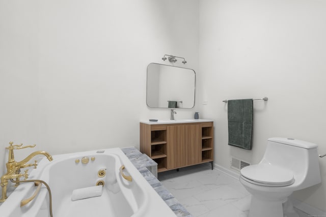 182 5th St, Stamford, CT 06905 - bathroom with marble finish flooring, vanity, a whirlpool tub, toilet, and baseboards