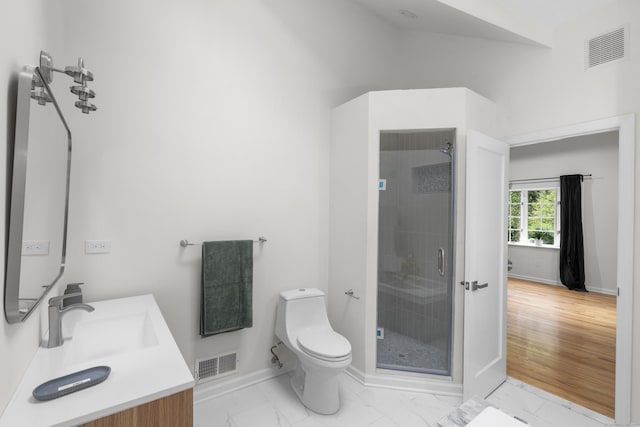 182 5th St, Stamford, CT 06905 - bathroom with baseboards, a shower stall, vanity, toilet, and marble look tile flooring