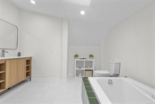 182 5th St, Stamford, CT 06905 - full bath featuring marble finish floors, toilet, recessed lighting, a bath, and vanity
