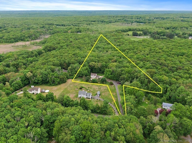 273 New London Rd, Colchester, CT 06415 - aerial view of property and surrounding area featuring a heavily wooded area and property parcel outlined