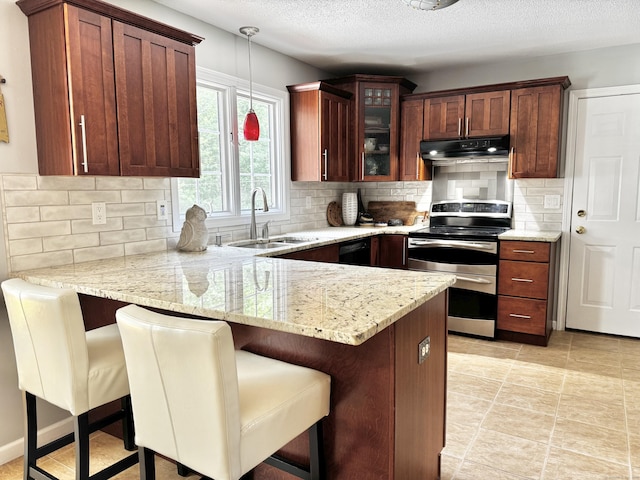 273 New London Rd, Colchester, CT 06415 - kitchen featuring range with two ovens, under cabinet range hood, a sink, a peninsula, and decorative light fixtures