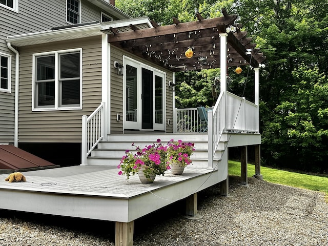 273 New London Rd, Colchester, CT 06415 - wooden deck featuring a pergola, entry steps, and view of scattered trees