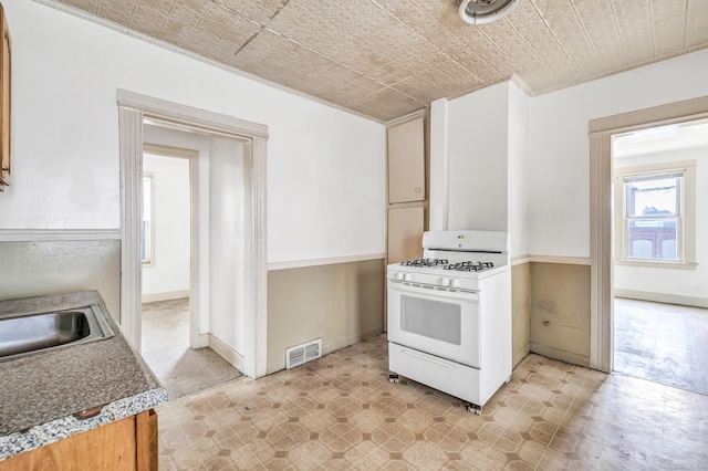 67 Ash St, Bridgeport, CT 06605 - kitchen featuring white range with gas cooktop, ornamental molding, and an ornate ceiling