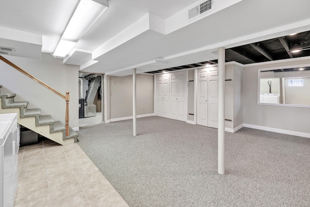 855 Stratford Rd, Stratford, CT 06615 - below grade area featuring stairs, carpet flooring, and tile patterned flooring