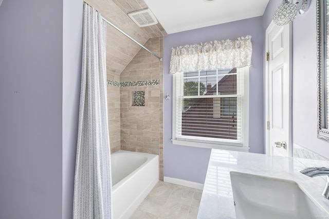 855 Stratford Rd, Stratford, CT 06615 - full bathroom featuring shower / tub combo with curtain and vaulted ceiling