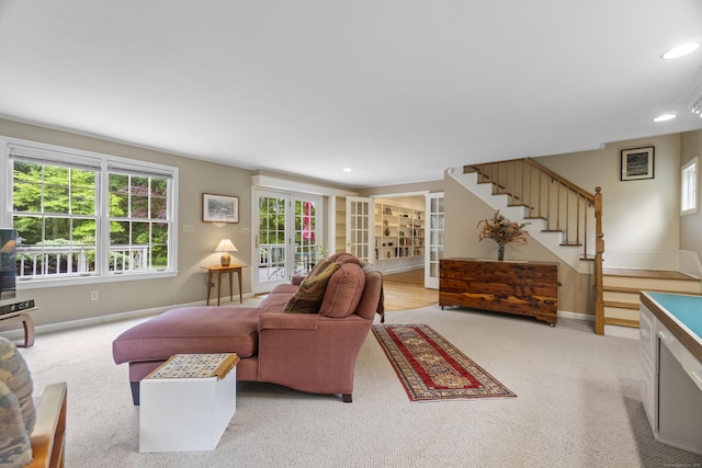 89 Pease Rd, Woodbridge, CT 06525 - carpeted living area featuring stairs, baseboards, and recessed lighting