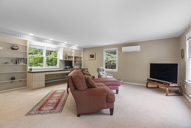 89 Pease Rd, Woodbridge, CT 06525 - living area featuring a wall unit AC, a baseboard radiator, light carpet, recessed lighting, and ornamental molding