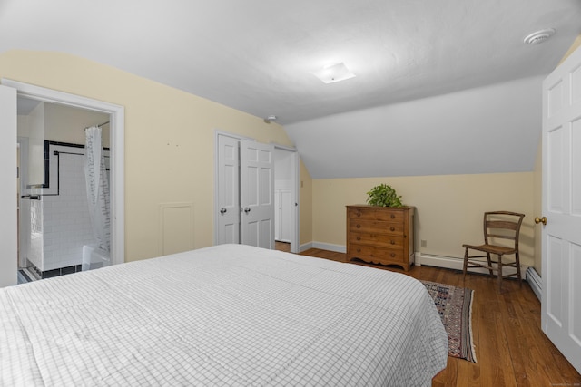 89 Pease Rd, Woodbridge, CT 06525 - bedroom with wood finished floors, lofted ceiling, a baseboard heating unit, a closet, and baseboards