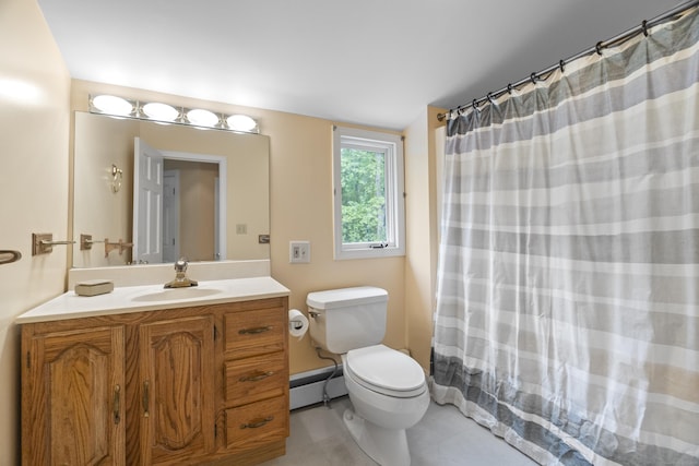 89 Pease Rd, Woodbridge, CT 06525 - full bathroom featuring a baseboard radiator, tile patterned flooring, toilet, vanity, and a shower with curtain
