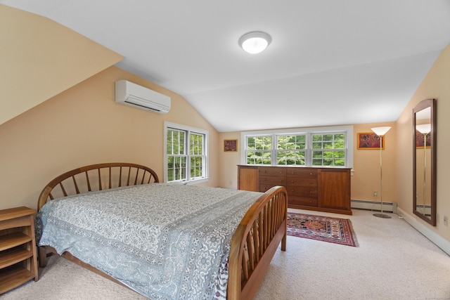 89 Pease Rd, Woodbridge, CT 06525 - bedroom featuring a wall mounted air conditioner, vaulted ceiling, a baseboard radiator, light carpet, and baseboards