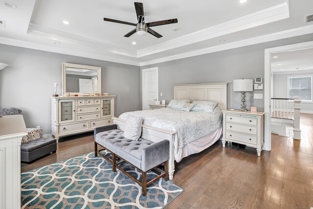74 Sterling St, Fairfield, CT 06825 - bedroom featuring a tray ceiling, crown molding, dark wood-type flooring, recessed lighting, and a ceiling fan