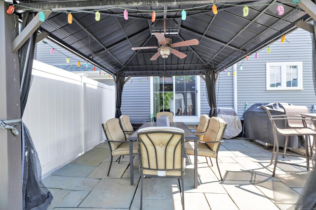 74 Sterling St, Fairfield, CT 06825 - view of patio / terrace featuring a gazebo, outdoor dining area, a ceiling fan, and grilling area