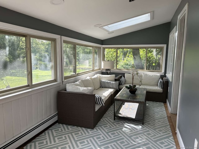 18 Great Meadow Rd, Redding, CT 06896 - sunroom / solarium with baseboard heating, vaulted ceiling, and a skylight