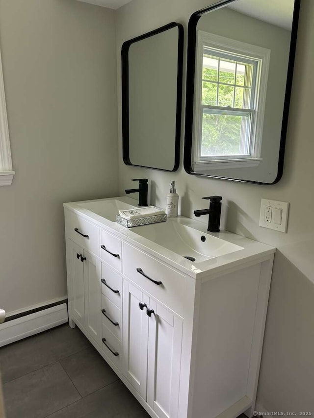 18 Great Meadow Rd, Redding, CT 06896 - bathroom with double vanity, baseboard heating, and tile patterned floors
