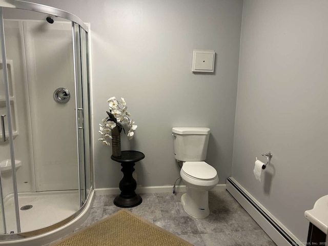18 Great Meadow Rd, Redding, CT 06896 - full bathroom featuring a baseboard heating unit, a shower stall, baseboards, and toilet