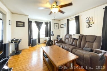 25 Myrtle Ave, Ansonia, CT 06401 - living area featuring a ceiling fan, healthy amount of natural light, and light wood finished floors