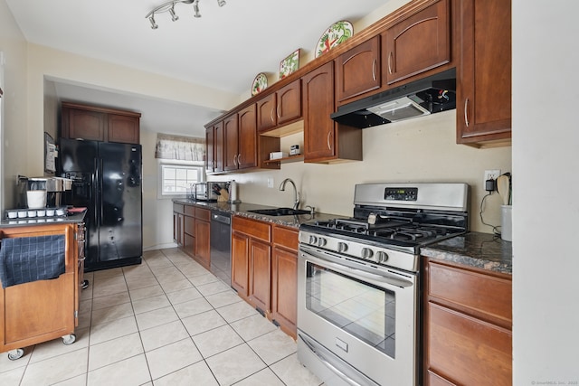 86 Chambers St, Waterbury, CT 06708 - kitchen with stainless steel gas range, dishwasher, under cabinet range hood, a sink, and black fridge with ice dispenser