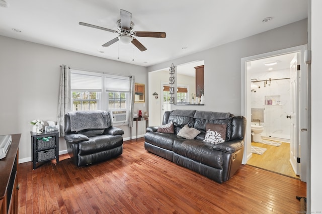 86 Chambers St, Waterbury, CT 06708 - living room featuring ceiling fan, hardwood / wood-style flooring, baseboards, and recessed lighting