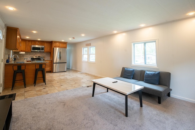45 Twin Oaks Ln, Danbury, CT 06810 - living area with recessed lighting, baseboards, light carpet, and light tile patterned flooring