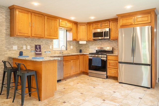 45 Twin Oaks Ln, Danbury, CT 06810 - kitchen featuring stainless steel appliances, a sink, light stone counters, a peninsula, and backsplash
