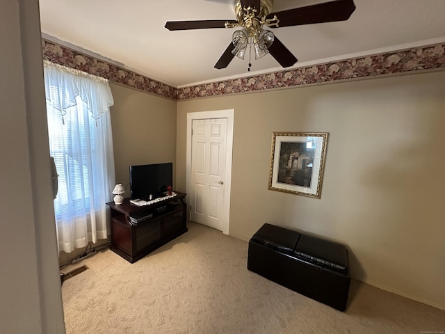18 New St, Ansonia, CT 06401 - living area featuring light colored carpet and ceiling fan