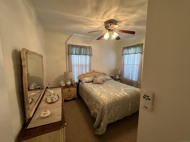 18 New St, Ansonia, CT 06401 - bedroom with multiple windows, crown molding, ceiling fan, and dark colored carpet