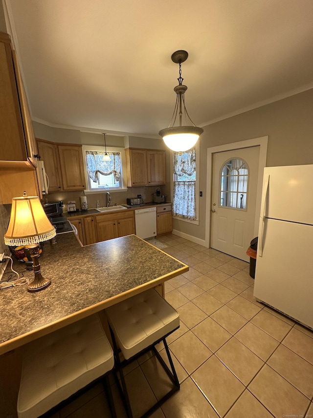 18 New St, Ansonia, CT 06401 - kitchen featuring white appliances, a sink, light tile patterned floors, dark countertops, and light brown cabinetry