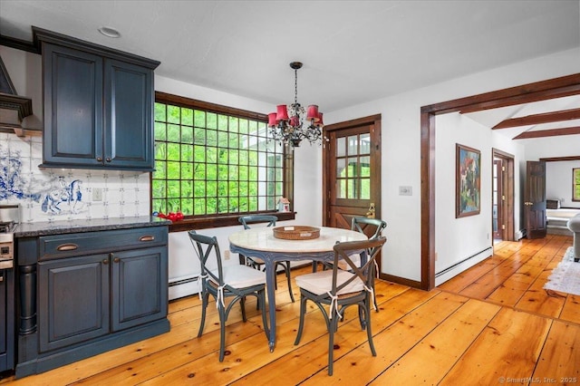 286 Limestone Rd, Ridgefield, CT 06877 - dining space featuring a chandelier, a baseboard radiator, light wood finished floors, beam ceiling, and baseboards