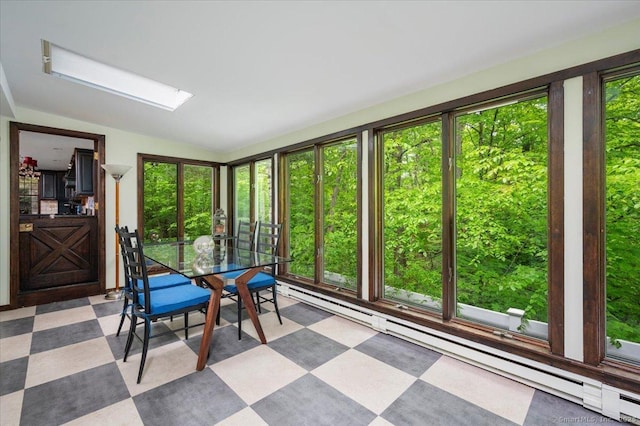 286 Limestone Rd, Ridgefield, CT 06877 - sunroom with a baseboard radiator, tile patterned floors, a skylight, and vaulted ceiling
