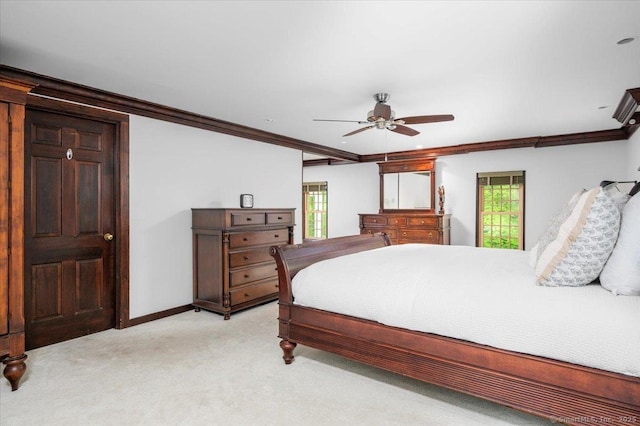 286 Limestone Rd, Ridgefield, CT 06877 - bedroom featuring ornamental molding, light colored carpet, baseboards, and a ceiling fan