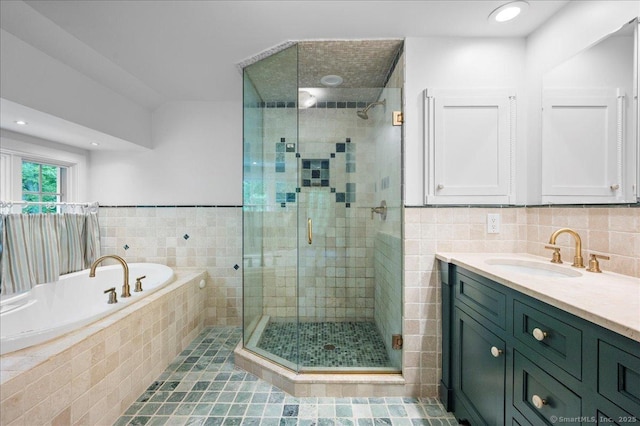 286 Limestone Rd, Ridgefield, CT 06877 - full bath featuring a bath, a shower stall, vanity, and tile walls