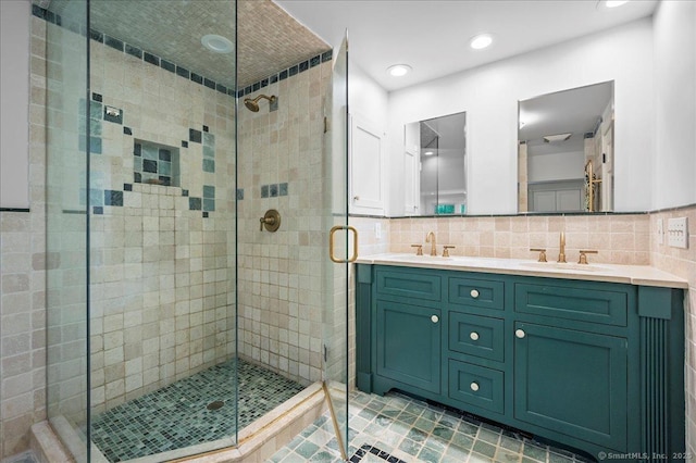 286 Limestone Rd, Ridgefield, CT 06877 - bathroom featuring a shower stall, double vanity, backsplash, recessed lighting, and tile patterned floors