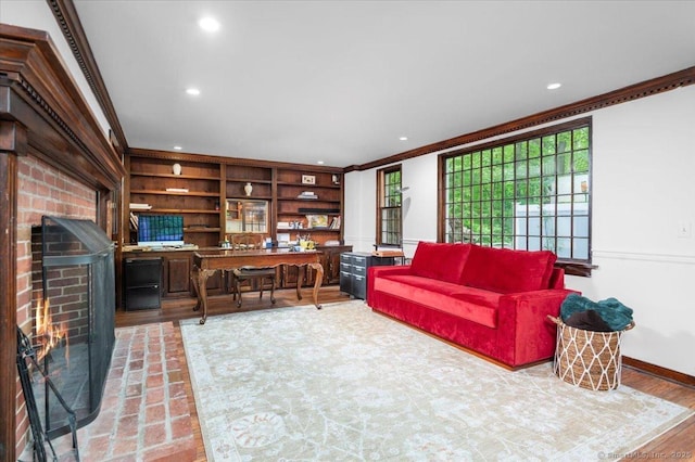 286 Limestone Rd, Ridgefield, CT 06877 - living area featuring ornamental molding, a brick fireplace, an office area, recessed lighting, and baseboards