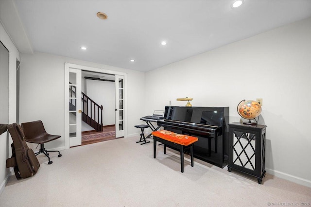 286 Limestone Rd, Ridgefield, CT 06877 - sitting room featuring carpet floors, recessed lighting, baseboards, french doors, and stairs