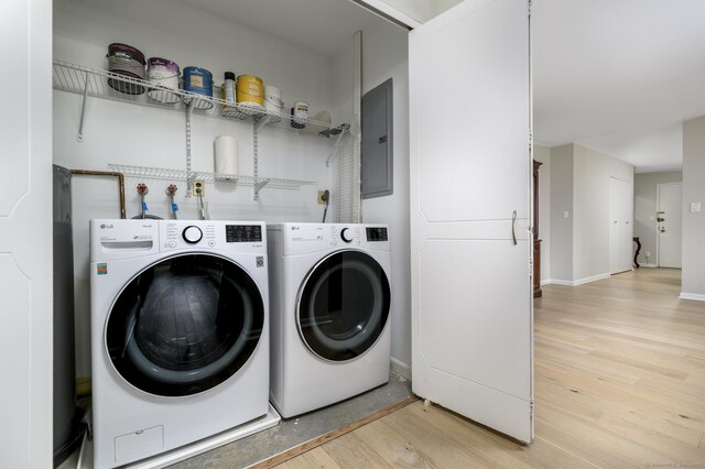 1 Strawberry Hill Ave Apt 7A, Stamford, CT 06902 - washroom with electric panel, light wood-style flooring, and washing machine and clothes dryer