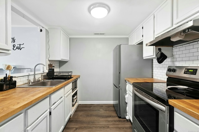 173 Russo Ave Unit 406, East Haven, CT 06513 - kitchen with stainless steel appliances, wooden counters, a sink, under cabinet range hood, and white cabinets