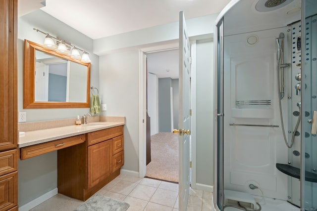 41 Leeward Ln, Groton, CT 06340 - bathroom featuring vanity, a stall shower, tile patterned floors, and baseboards