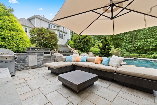 41 Leeward Ln, Groton, CT 06340 - view of patio / terrace featuring stairway, an outdoor living space, an outdoor pool, and a sink