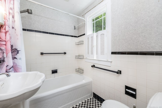 127 Matson Hill Rd, Glastonbury, CT 06073 - full bathroom featuring toilet, shower / bath combo, a sink, tile walls, and tile patterned flooring