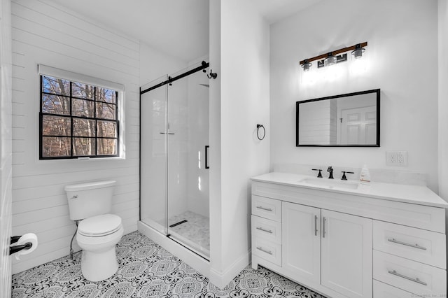19 Cedarbrook Ln, East Lyme, CT 06333 - full bathroom with toilet, vanity, a stall shower, and tile patterned flooring