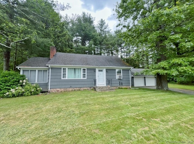 726 Lovely St, Avon, CT 06001 - view of front of property featuring a chimney, a front yard, a garage, and roof with shingles