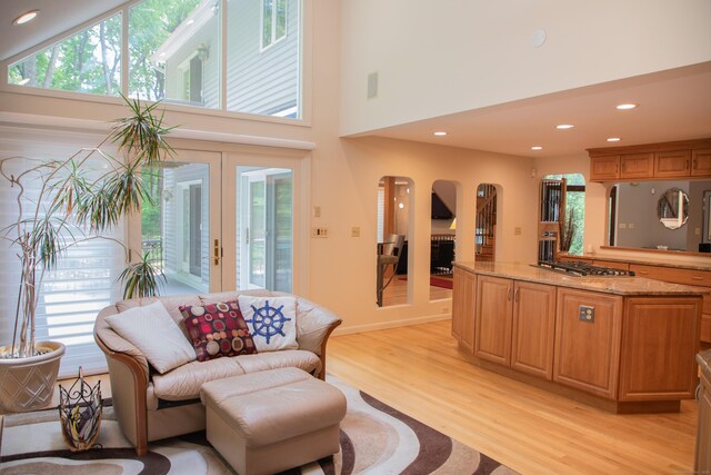 43 Metacomet Rd, Farmington, CT 06032 - living area with arched walkways, light wood-style floors, plenty of natural light, a towering ceiling, and recessed lighting