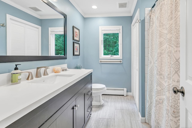 44 Josies Ring Rd, Monroe, CT 06468 - full bath featuring baseboard heating, vanity, ornamental molding, a closet, and recessed lighting