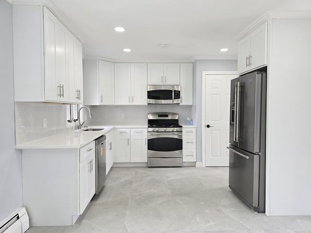 206 Bridgeview Pl, Stratford, CT 06614 - kitchen featuring stainless steel appliances, a sink, a baseboard radiator, recessed lighting, and white cabinets
