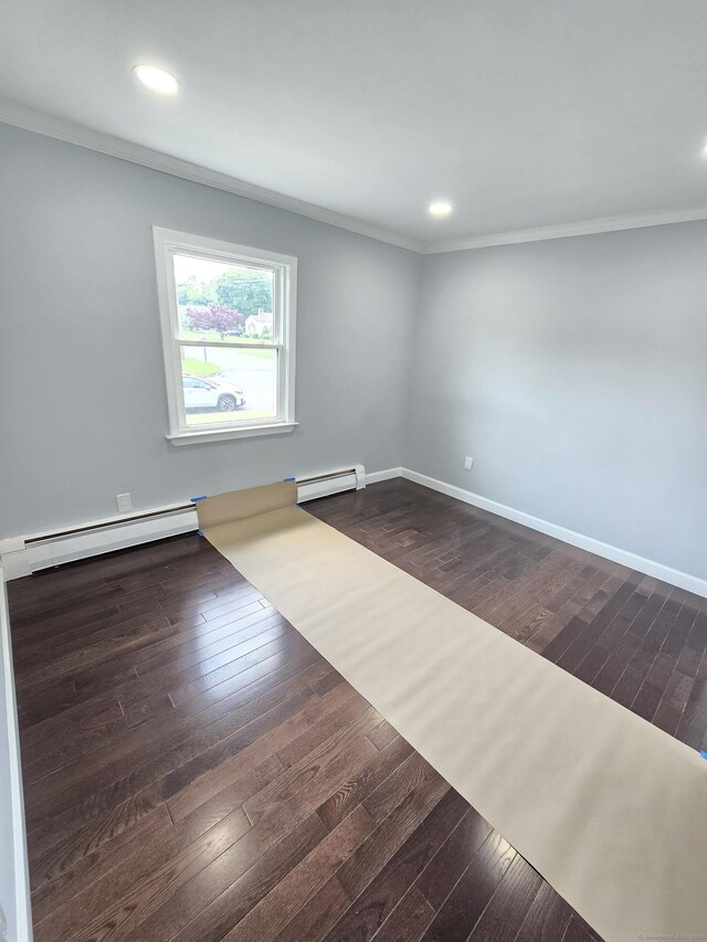 206 Bridgeview Pl, Stratford, CT 06614 - empty room featuring a baseboard radiator, baseboard heating, crown molding, recessed lighting, and dark wood-style flooring